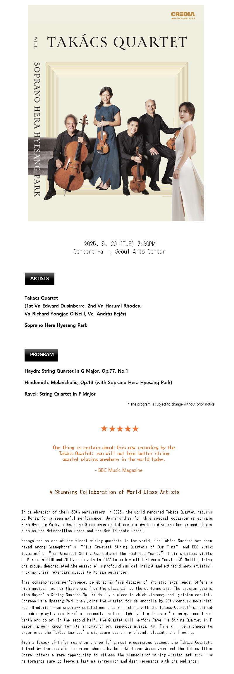Takács Quartet with Soprano Hera Hyesang Park