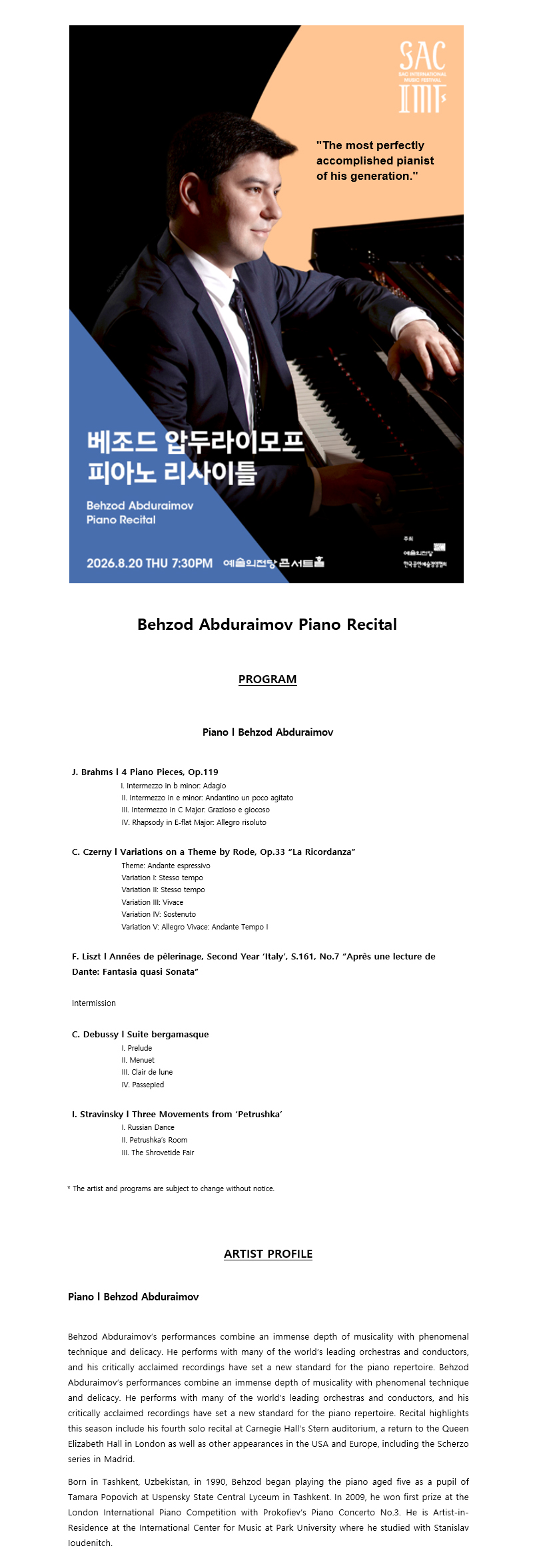 2026 SAC International Music Festival – Behzod Abduraimov Piano Recital